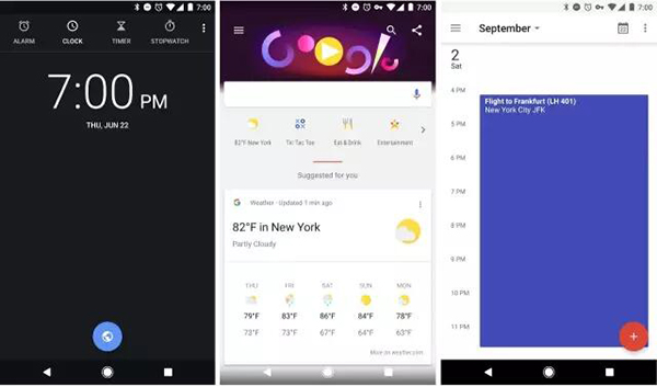 從左到右分別是 Clock，Google 和 Google Calendar